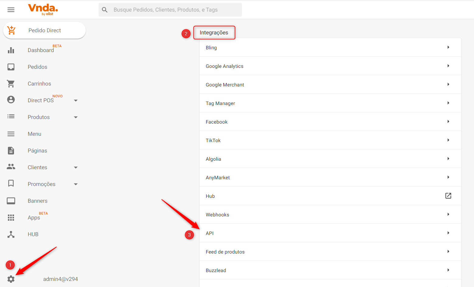 Passo 1 de geração de token de API VNDA
